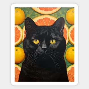 Black Cat Collage Surrounded by Citrus Fruit - Retro Vintage Unique Kitty Art Sticker